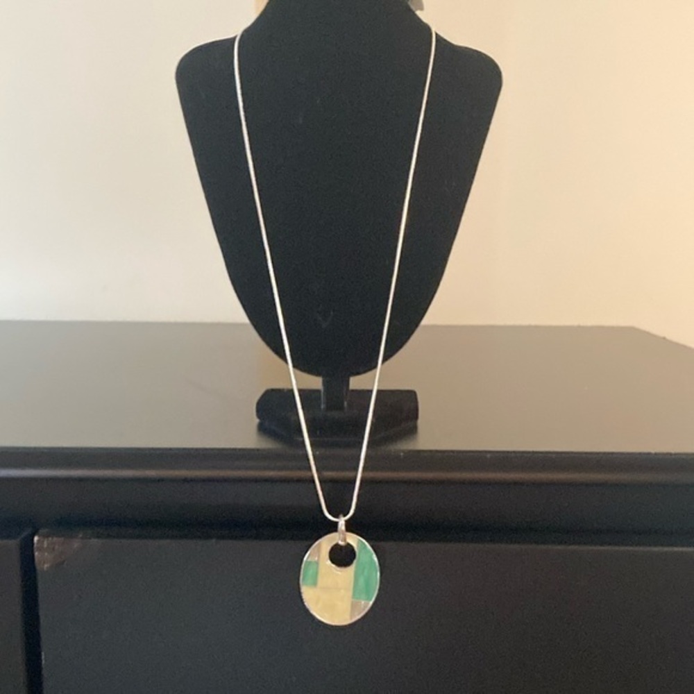 Macy's Silver Necklace with Gold and Green Pendant
